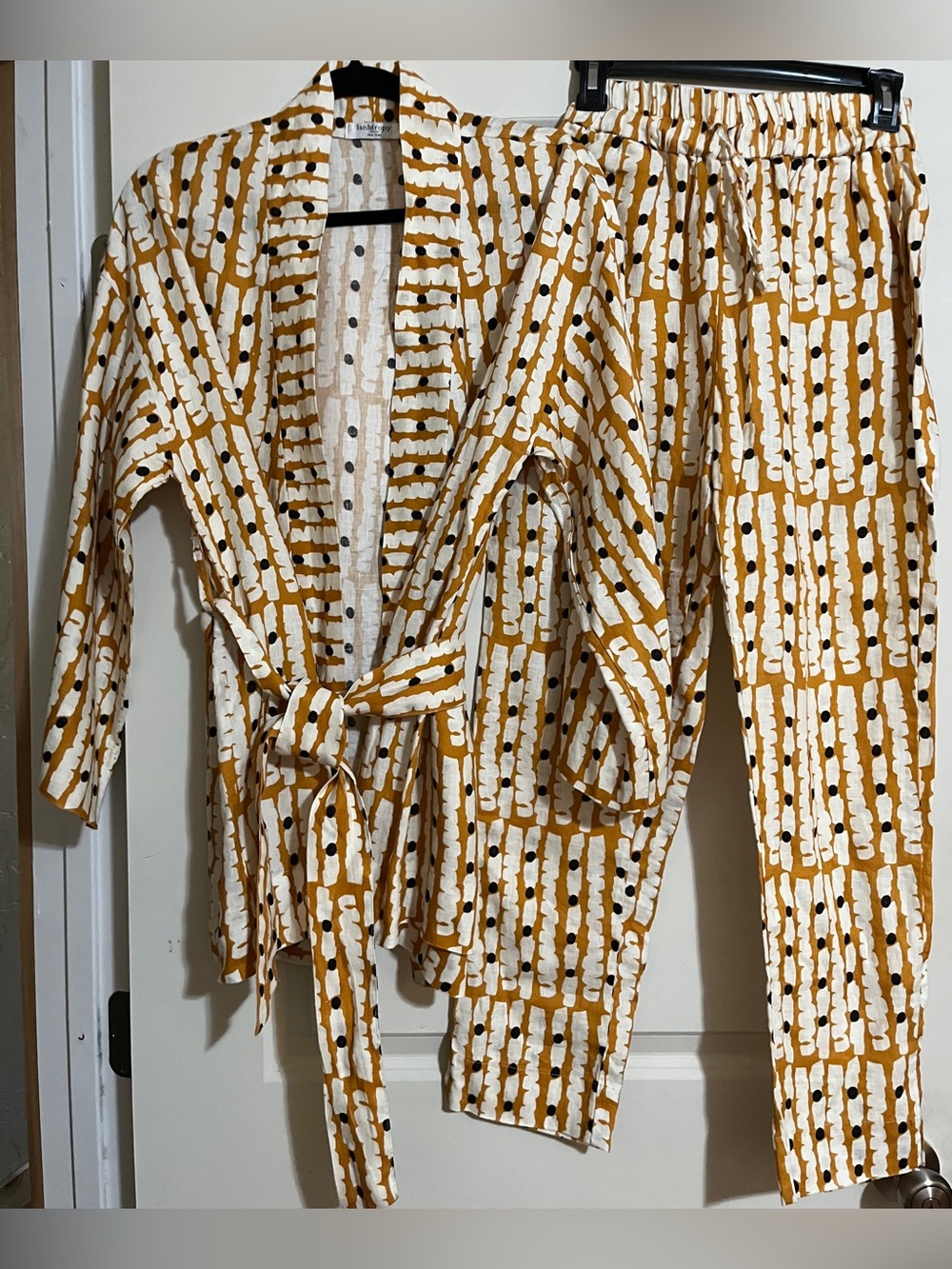 Lanhtropy Two-Piece Mustard Dot Stripe Kimono Belt Pants Versatile Linen Comfy